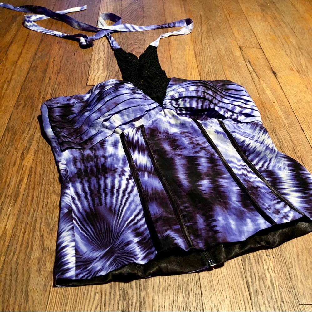 NWOT Black/Purple BEBE Silk Corset Halter Tie Top SMALL